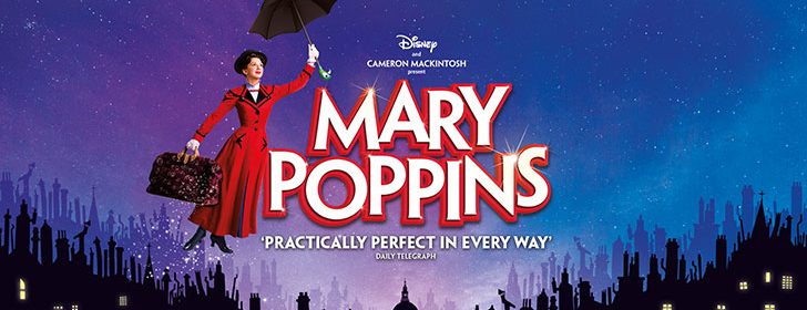 mary poppins banner withmary in a red coat flying next to the title